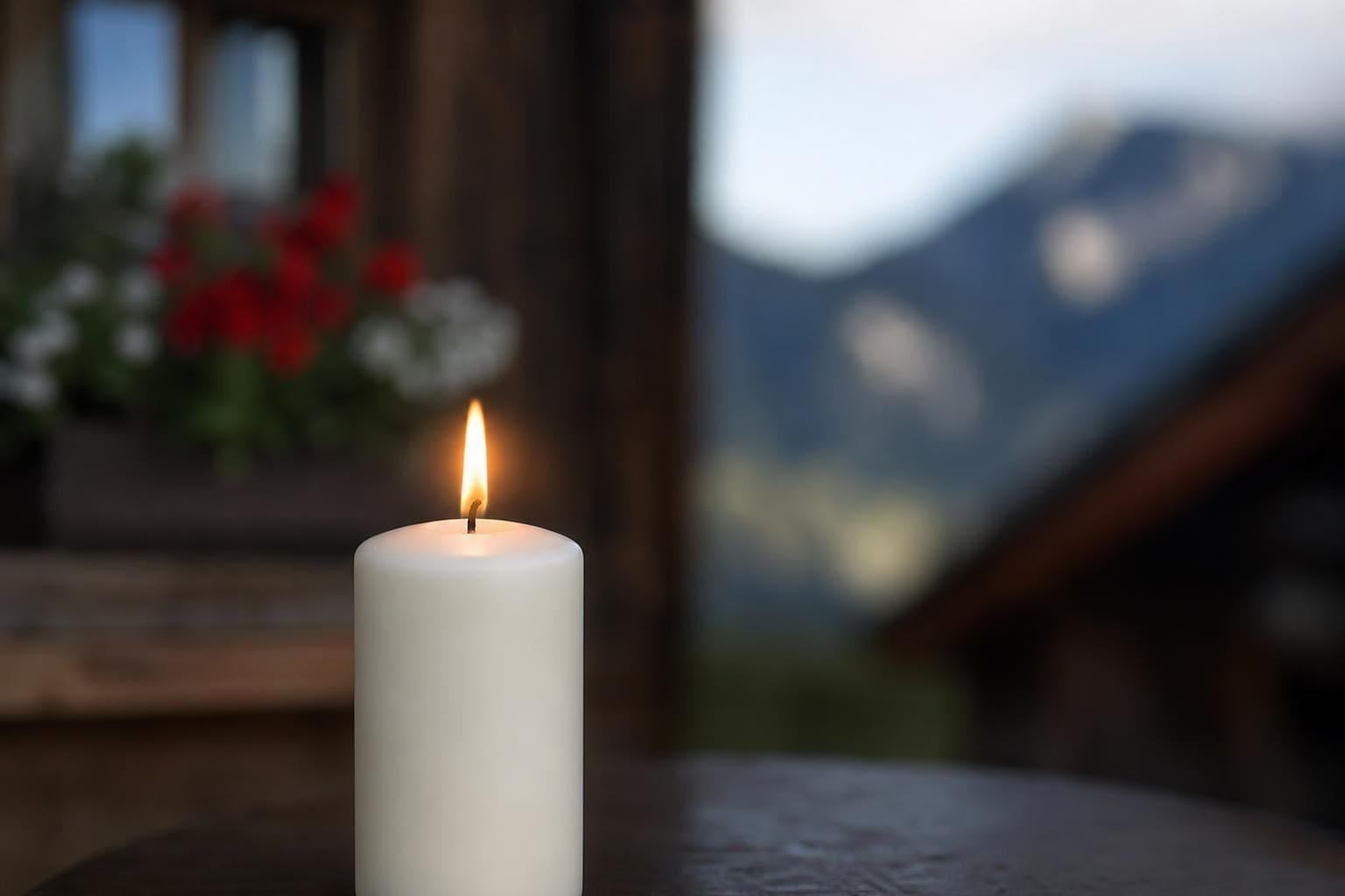 Eine brennende weiße Kerze auf einem Holztisch vor unscharfen Bergen und Blumen.
