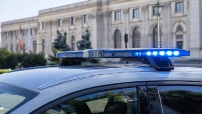 Das blaue Blaulicht eines Polizeifahrzeugs leuchtet vor einem großen klassizistischen Gebäude