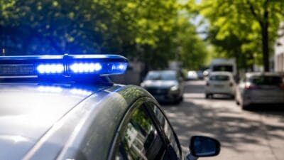 Nahaufnahme des blauen Blaulichts auf dem Dach eines Polizeifahrzeugs mit parkenden Autos und Bäumen im Hintergrund