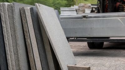 Gestapelte graue Natursteinplatten lehnen an einem Lkw-Anhänger auf Kiesboden.