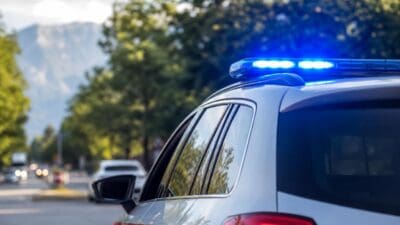 Das Heck eines Polizeiautos mit eingeschaltetem blauen Blaulicht in einer Landschaft mit Bergen.