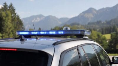 Blaulichtbalken auf dem Dach eines silbernen Polizeifahrzeugs vor Berglandschaft
