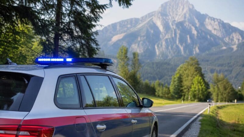 Silbernes Polizeifahrzeug mit rotem Streifen und blauem Blaulicht auf einer Landstraße in den Alpen
