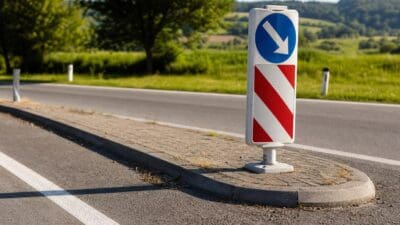 Verkehrsschild mit blauem Pfeil und rot-weißem Streifen auf einer Verkehrsinsel am Straßenrand