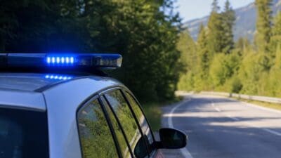 Weißes Polizeifahrzeug mit blauem Blaulicht auf einer Landstraße vor Bergen und Wald