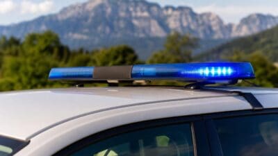 Leuchtender blauer Lichtbalken auf dem Dach eines weißen Autos vor einer Berglandschaft