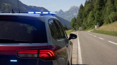 Heck eines Polizeifahrzeugs mit Blaulicht auf einer Straße in den Bergen