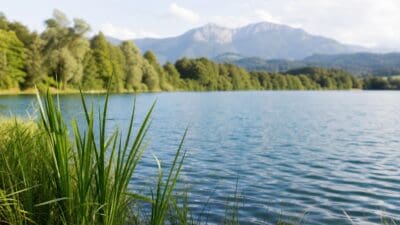 Ruhiger blauer See mit grünen Gräsern am Ufer und Bergen im Hintergrund