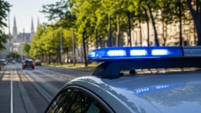 Blaues Blaulicht auf dem Dach eines Polizeifahrzeugs in einer Wiener Allee