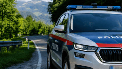 Silber-blauer Polizeiwagen mit rotem Streifen und Blaulicht auf einer kurvigen Landstraße in den Alpen