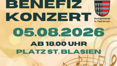 Farbenfrohes Plakat für ein Benefizkonzert mit Illustrationen eines Saxophons, einer Trompete und eines Schlagzeugs