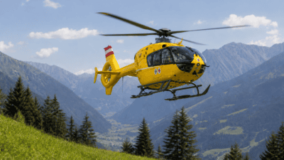 Gelber Rettungshubschrauber fliegt über grünem Bergtal mit Bergen im Hintergrund
