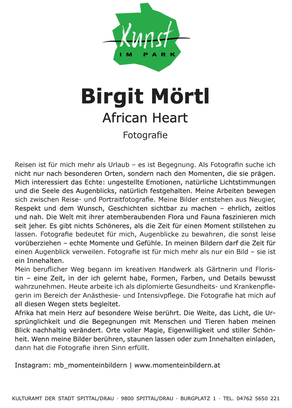 Plakat der Fotografin Birgit Mörtl für African Heart mit grünem Kunst im Park Logo und biografischem Text.