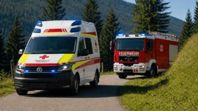 Weißer Rettungswagen mit Rotkreuz-Logo und rotes Feuerwehrauto mit Blaulicht in den Bergen.