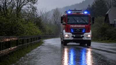 Rotes Feuerwehrauto mit Blaulicht fährt auf nasser Straße im Regen
