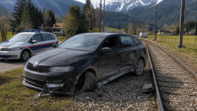 Stark beschädigter schwarzer Skoda liegt auf Bahngleisen neben Polizeiauto in Berglandschaft