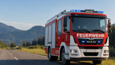 Rotes und weißes Feuerwehrfahrzeug mit Blaulicht auf einer Landstraße vor Bergen
