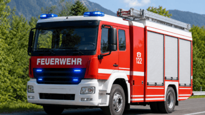 Rotes und weißes Feuerwehrfahrzeug mit Blaulicht auf einer Straße vor Bergen