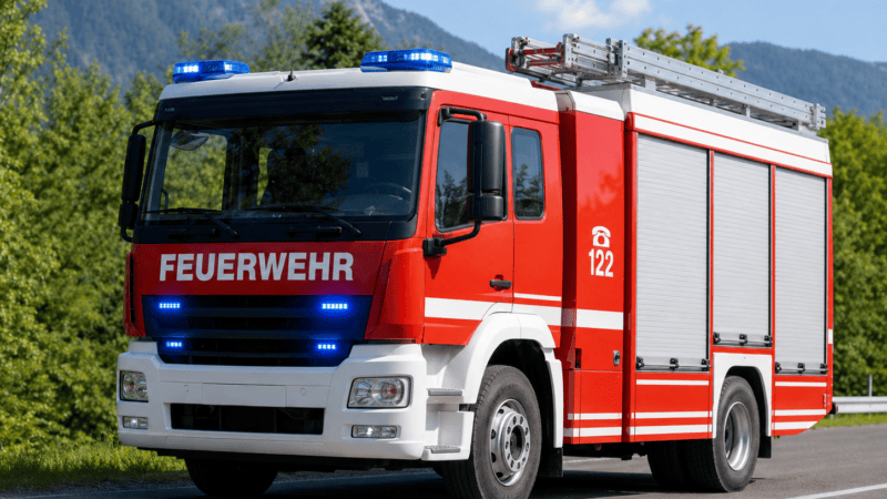 Rotes und weißes Feuerwehrfahrzeug mit Blaulicht auf einer Straße vor Bergen