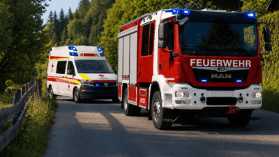 Rotes Feuerwehrauto und weißer Rettungswagen fahren auf einer Landstraße durch bewaldetes Gebiet.