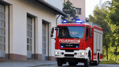 Rotes Feuerwehrauto mit Blaulicht vor einer Feuerwache