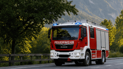 Rotes und weißes Feuerwehrfahrzeug mit Blaulicht auf einer Straße vor Bergen