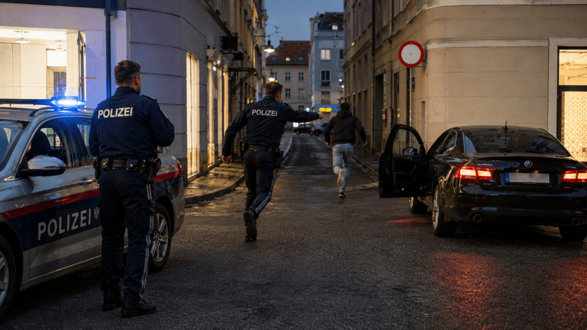 Zwei Polizisten verfolgen einen flüchtenden Mann auf einer abendlichen Stadtstraße neben Streifenwagen