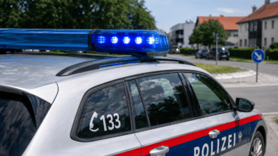 Polizeifahrzeug mit blauem Blaulichtbalken auf dem Dach