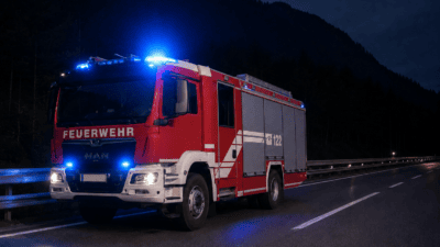Rotes Feuerwehrauto mit Blaulicht auf nächtlicher Autobahn vor Bergen