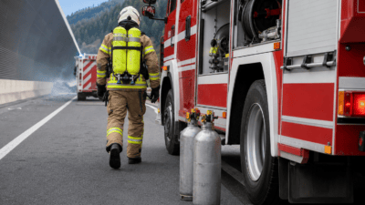 Feuerwehrmann mit Atemschutzgerät läuft neben einem roten Feuerwehrfahrzeug auf der Autobahn.