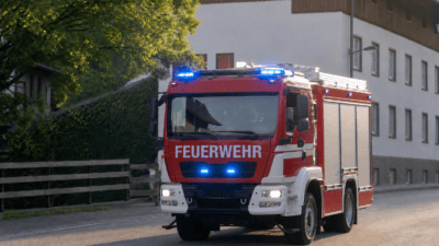 Rotes Feuerwehrfahrzeug mit Blaulicht und der Aufschrift Feuerwehr auf einer Straße