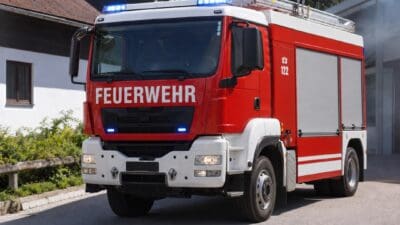 Rotes und weißes Feuerwehrfahrzeug mit eingeschaltetem Blaulicht auf einer Straße vor einem Gebäude