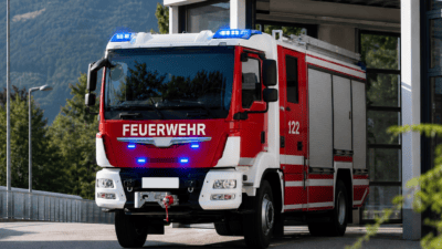Roter und weißer Feuerwehr-Lkw mit Blaulicht vor einer modernen Feuerwache, Berge im Hintergrund