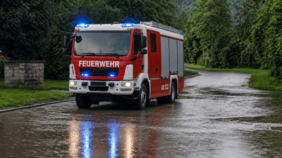 Rotes Feuerwehrauto mit blauem Blaulicht fährt auf nasser Landstraße durch den Regen.