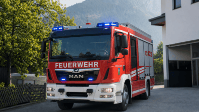 Rotes Feuerwehrfahrzeug mit blauem Blaulicht vor einem Gebäude und Bergen