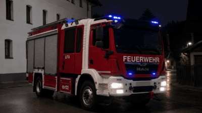 Rotes und weißes Feuerwehrfahrzeug mit Blaulicht bei Nacht in einem Dorf