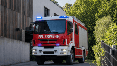 Frontansicht eines roten und weißen Feuerwehrfahrzeugs mit eingeschaltetem Blaulicht vor einem modernen Gebäude