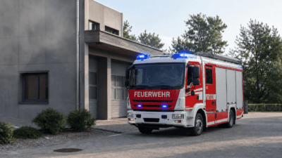 Ein rotes und weißes Feuerwehrfahrzeug mit eingeschaltetem Blaulicht parkt vor einer Feuerwache.