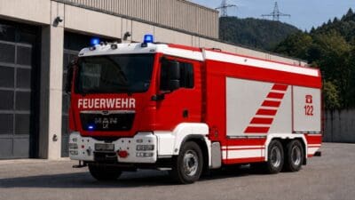 Rotes und weißes Feuerwehrauto mit blauen Blinklichtern vor einem Industriegebäude