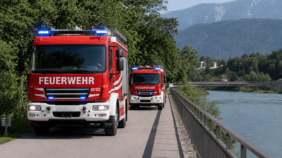 Zwei rote Feuerwehrfahrzeuge mit Blaulicht fahren nebeneinander an einem Fluss entlang