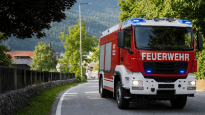 Rotes und weißes Feuerwehrfahrzeug mit Blaulichtern auf kurviger Landstraße in bewaldeter Berglandschaft