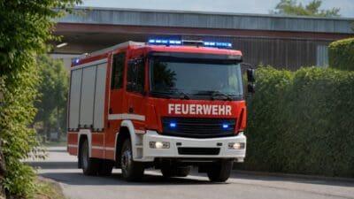 Rotes Feuerwehrfahrzeug mit Blaulicht fährt auf ruhiger Straße