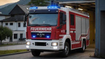 Rotes Feuerwehrfahrzeug mit blauem Blaulicht vor einer Feuerwehrstation bei Abenddämmerung in bergiger Landschaft