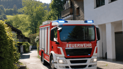 Rotes Feuerwehrfahrzeug mit blauen Blaulichtern steht auf einer Dorfstraße vor Wohnhäusern