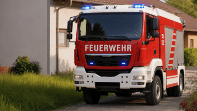 Ein rotes und weißes Feuerwehrfahrzeug mit Blaulicht steht vor einem Haus in sonniger Vorstadt.