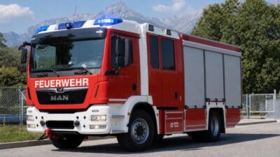 Rotes Feuerwehrfahrzeug mit Blaulicht und der Aufschrift Feuerwehr vor einer Bergkulisse