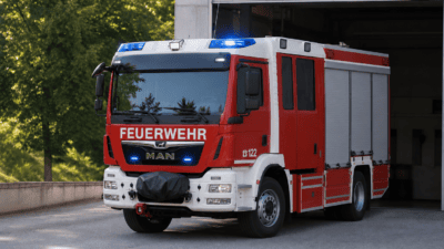 Rotes und weißes Feuerwehrfahrzeug mit blauem Blaulicht vor einer Garage