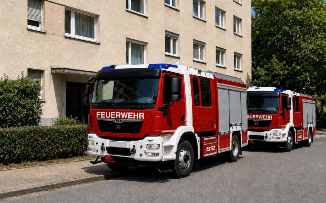 Zwei rote Feuerwehrfahrzeuge stehen vor einem mehrstöckigen Wohnhaus in Villach.