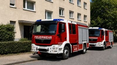 Zwei rote Feuerwehrfahrzeuge stehen vor einem mehrstöckigen Wohnhaus in Villach.