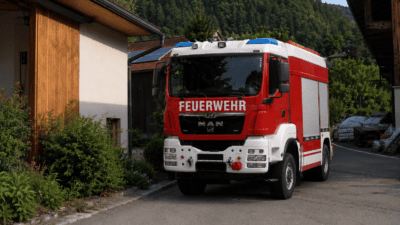 Roter und weißer Feuerwehr-Lkw mit Aufschrift FEUERWEHR parkt vor einem Gebäude mit Wald im Hintergrund.